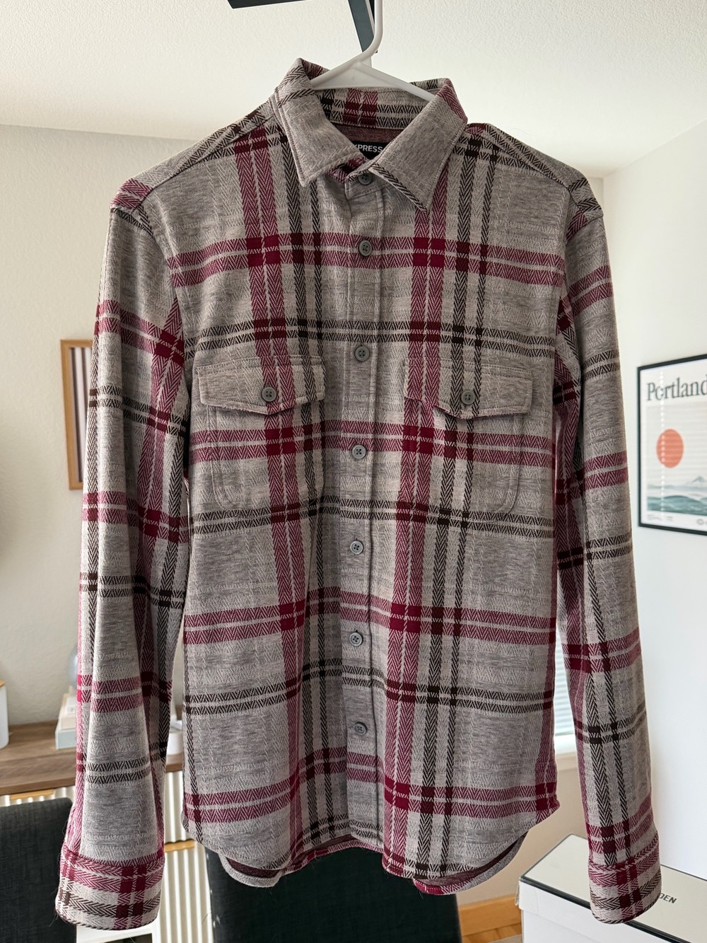 Express Men's Gray & Red Flannel Type Plaid Shirt Button Up XS and Large
